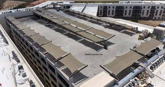 Parking Lot Shade Sails On Garage Rooftop.